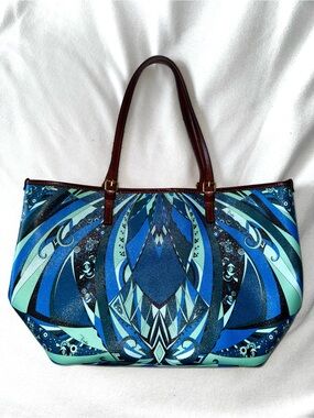 EMILIO PUCCI Coated Canvas Geometric Tote with Leather Straps/Trim Blues Greens